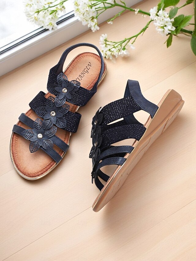 Floral Rhinestone Sandals Flat Women's Beige – Elegant