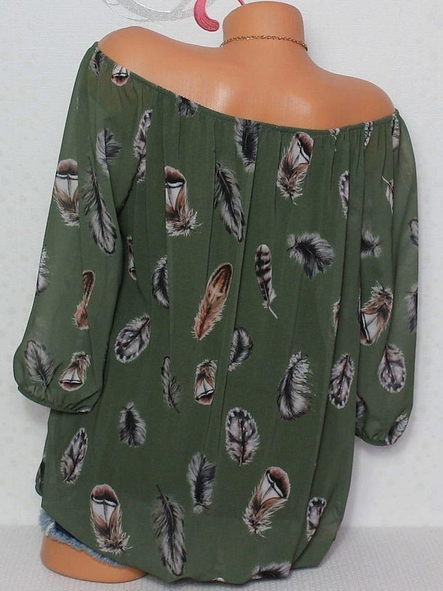 Women's Bohemian Blouse Feather Print Long Sleeve V-Neck