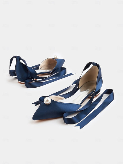Satin Toe Embellished Pearl - Flats Pointed Women's Navy