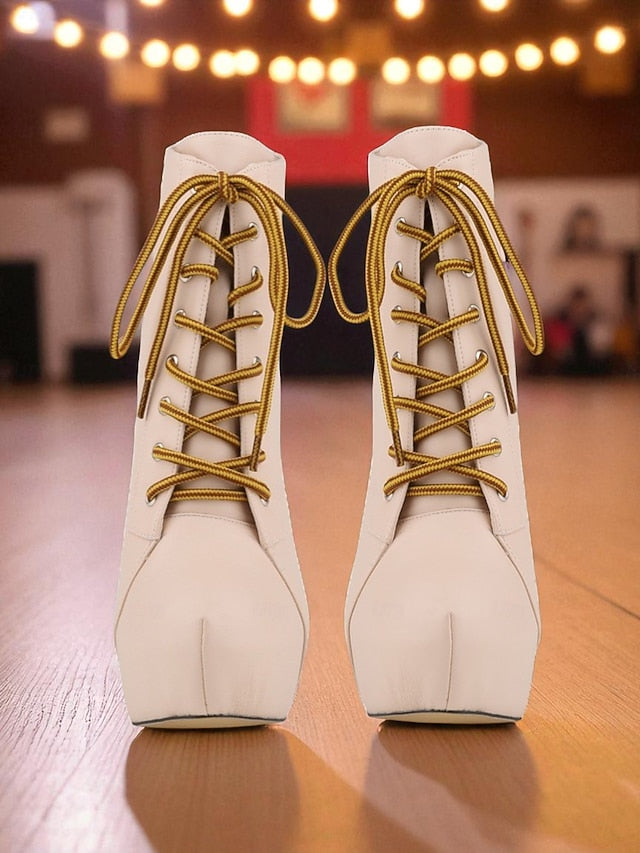 Boots Beige Platform Women's - Lace-Up Ankle Leather Faux