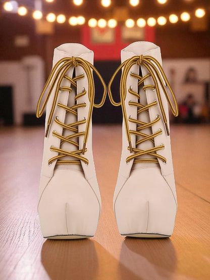 Boots Beige Platform Women's - Lace-Up Ankle Leather Faux