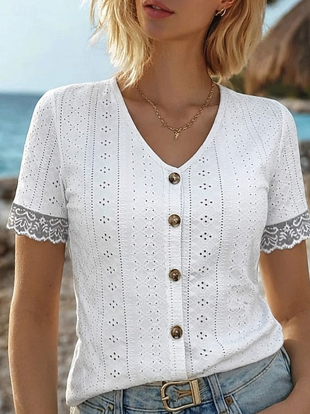 Women's T Shirt Lace T-shirt Tee Top Lace Patchwork Buttons