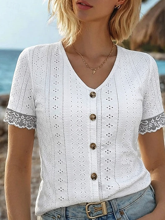 Women's T Shirt Lace T-shirt Tee Top Lace Patchwork Buttons