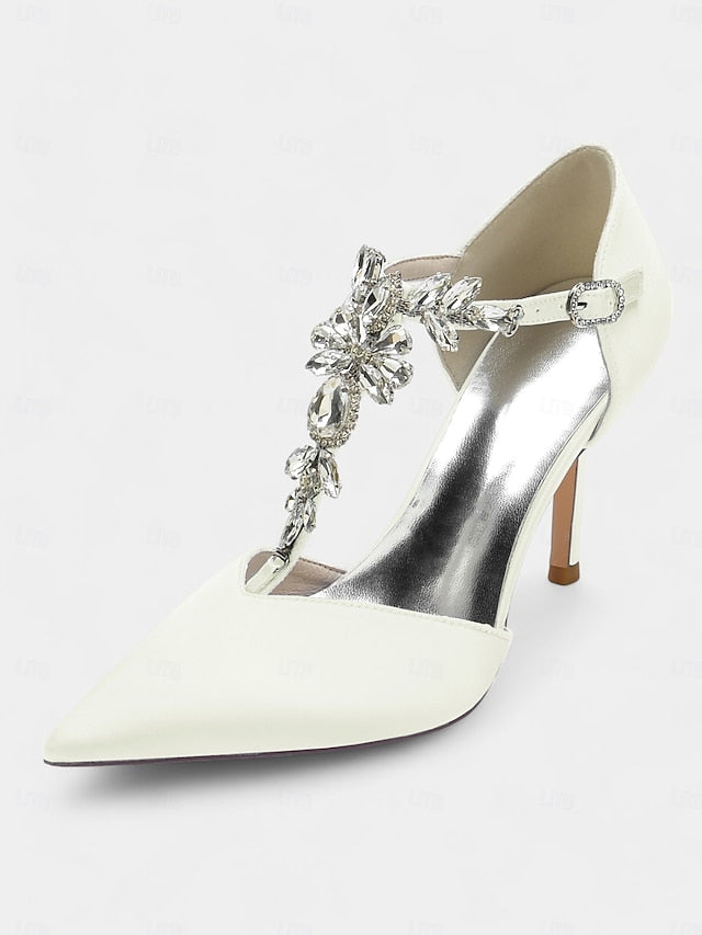 – Blue Toe Pointed Satin Navy T-Strap Women's Heels