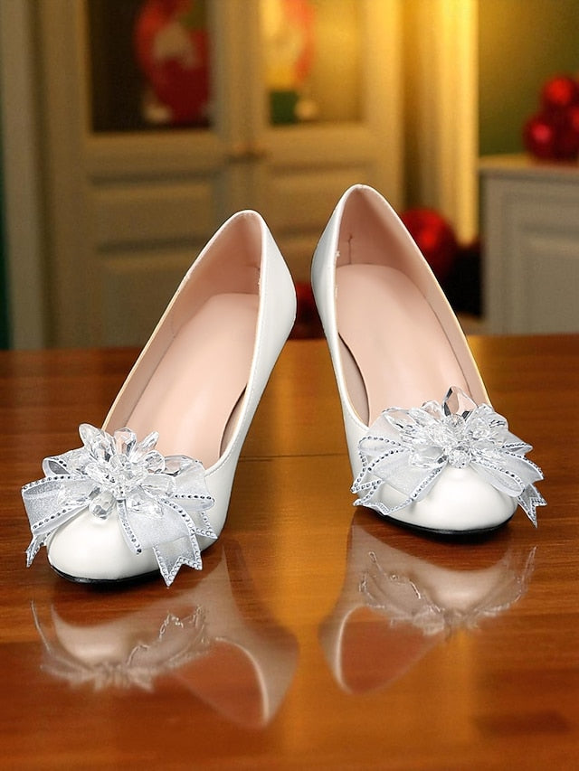 Crystal Shoes Women's Bow Low White Heel with Wedding