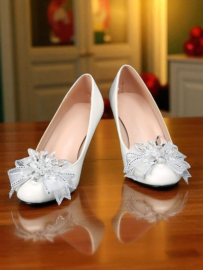 Crystal Shoes Women's Bow Low White Heel with Wedding