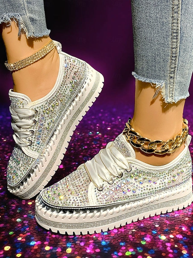 with Rhinestone Sneakers Sparkling Women's Accents Silver