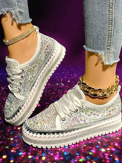 with Rhinestone Sneakers Sparkling Women's Accents Silver