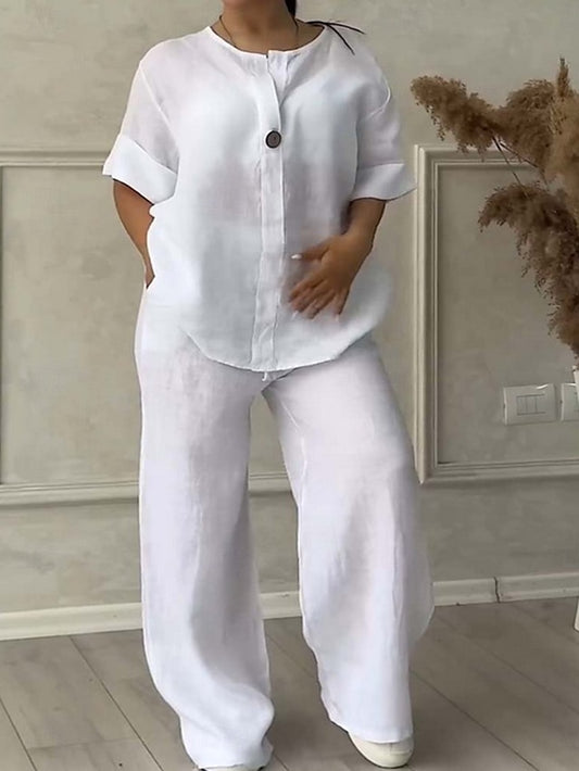 Women's Shirt Blouse Faux Cotton Linen Short Sleeve Shirt