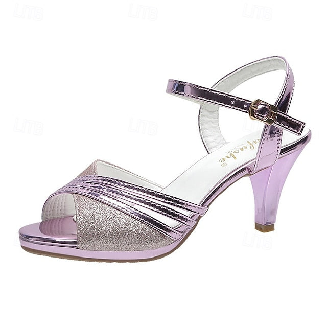 Straps - with Sandals Women's Silver Glitter Mid Heel