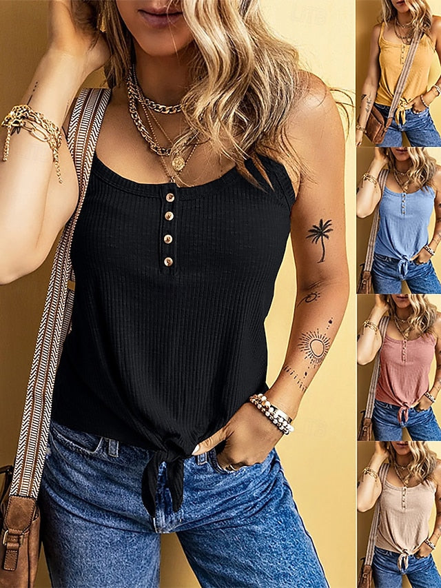 Women's Tank Top Sleeveless Shirt Tee Top Button Front