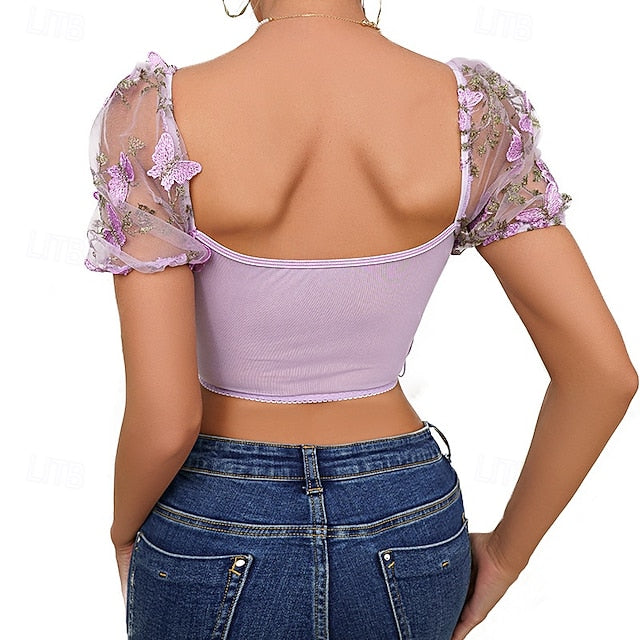 Slim Fit Corset Crop Top Bustier Embroidered Butterfly Fancy