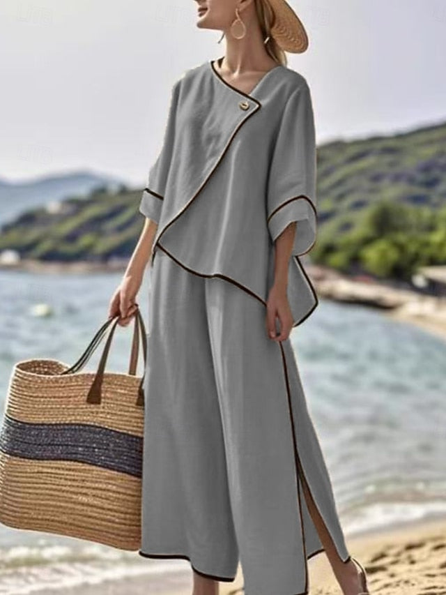 Women's Pants Sets 3/4 Length Sleeve Round Neck Solid Color