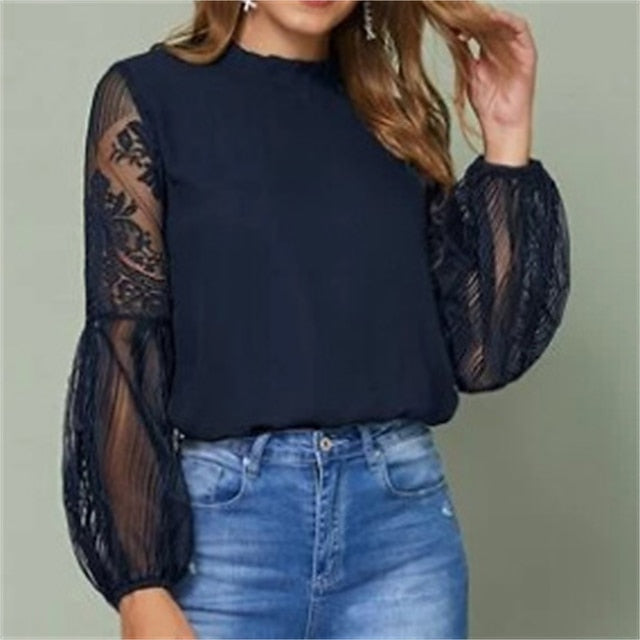 Women's Boho Shirt Lace Shirt Blouse Mesh Patchwork Top