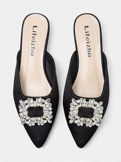 Rhinestone Satin Pointed-Toe Black with Mules Women's