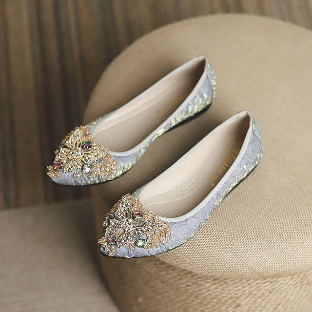 Floral Embellished Women's Flats - Foldable Wedding Crystal