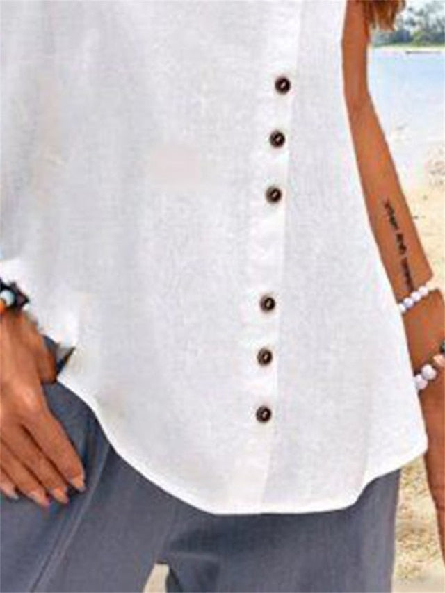Women's Tank Top Faux Cotton Linen Buttons Plain Hawaiian