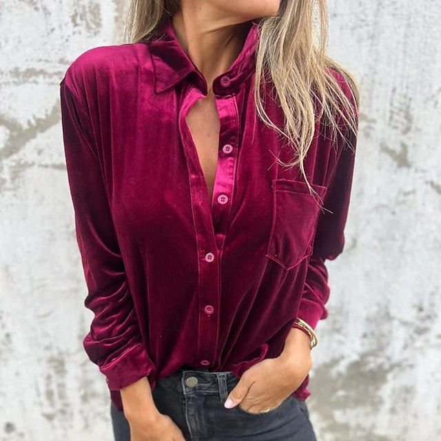 Women's Shirt Velvet Elegant Dressy Pocket Buttons Solid
