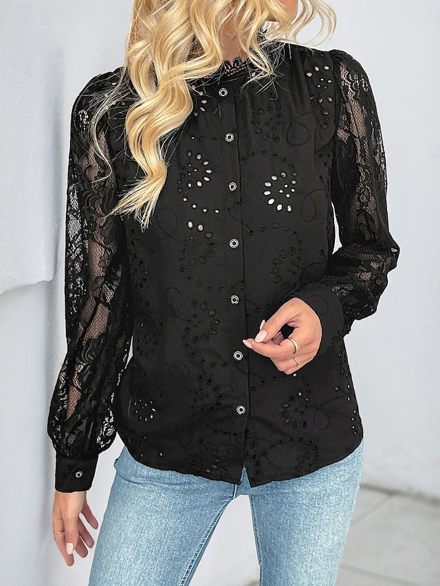 Women's Casual Shirt Button Up Shirt Blouse Lace Eyelet