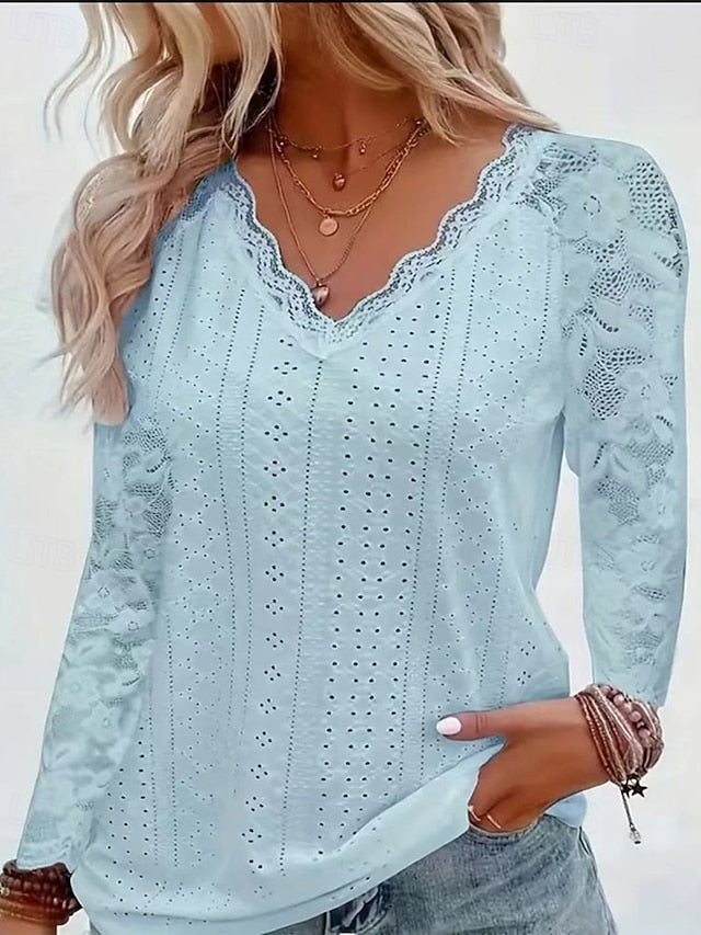 Women's Pointelle Shirt Eyelet Top Lace Splicing Top Blouse