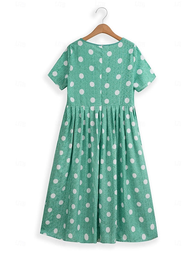 Women's Midi Dress Floral Polka Dot Pocket Print Crew Neck