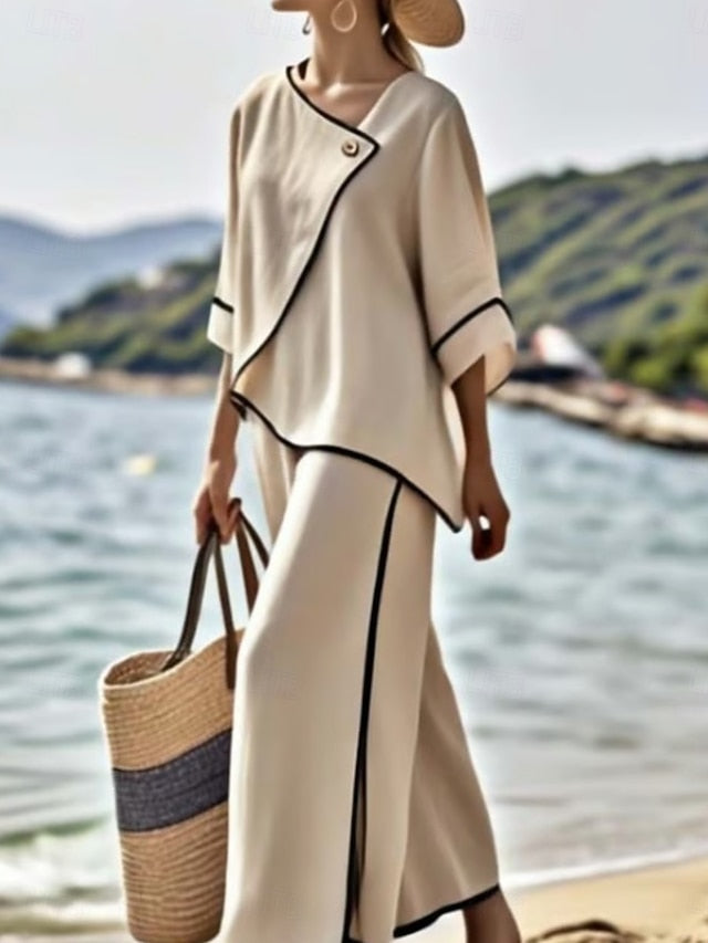 Women's Pants Sets 3/4 Length Sleeve Round Neck Solid Color