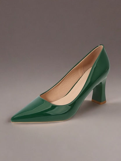 Green Leather Glossy Pumps Patent Heel Faux Block Pointed-Toe