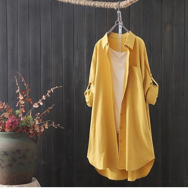 Women's Shirts Faux Cotton Linen Button Up Long Cotton Top