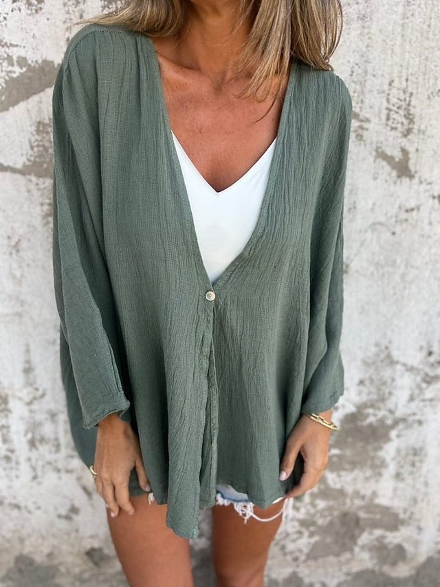 Women's Shirt Button Up Blouse Faux Cotton Linen Buttons