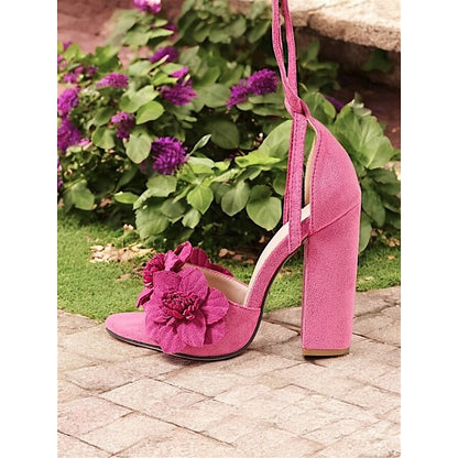 Lace-Up Sandals for Pink Women Heel Floral Block – Elegant