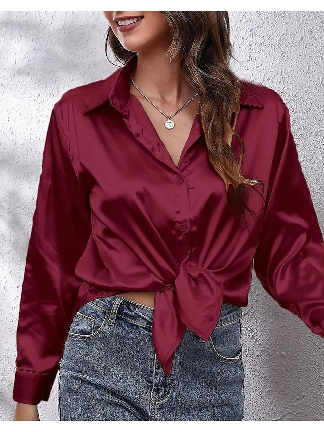 Women's Shirt Elegant Dressy Satin Top Buttons Solid Color