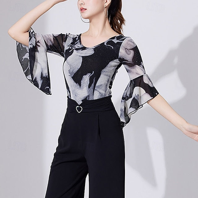 Latin Dance Top Lace Printing Pure Color Women's