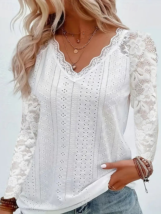 Women's Pointelle Shirt Eyelet Top Lace Splicing Top Blouse