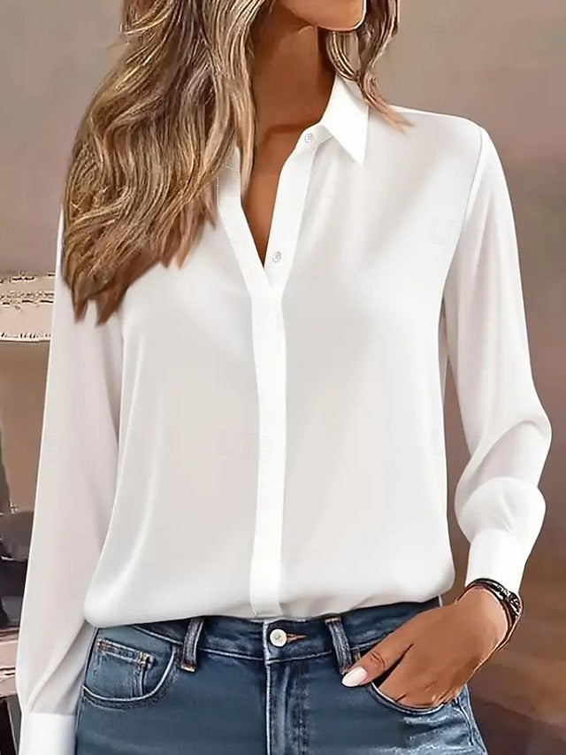 Women's Shirt Elegant Dressy Satin Top Buttons Plain