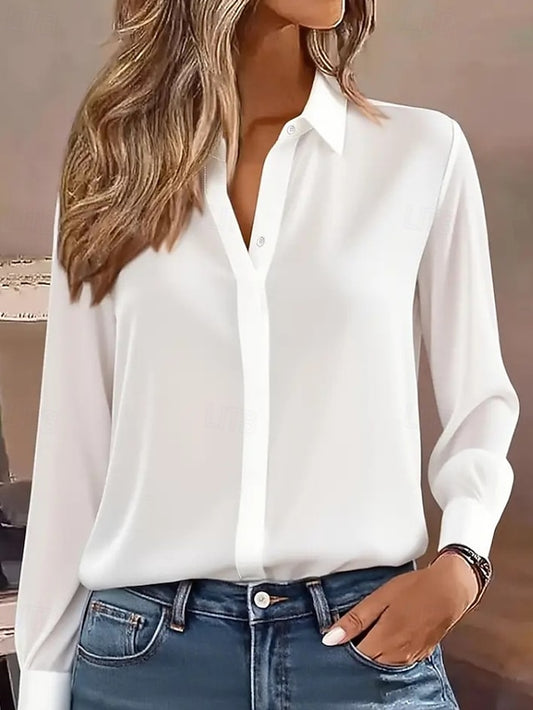 Women's Shirt Elegant Dressy Satin Top Buttons Plain
