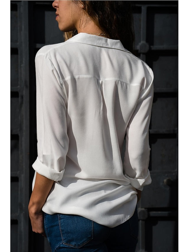 Women's Shirt Blouse Black White Blue Plain Long Sleeve