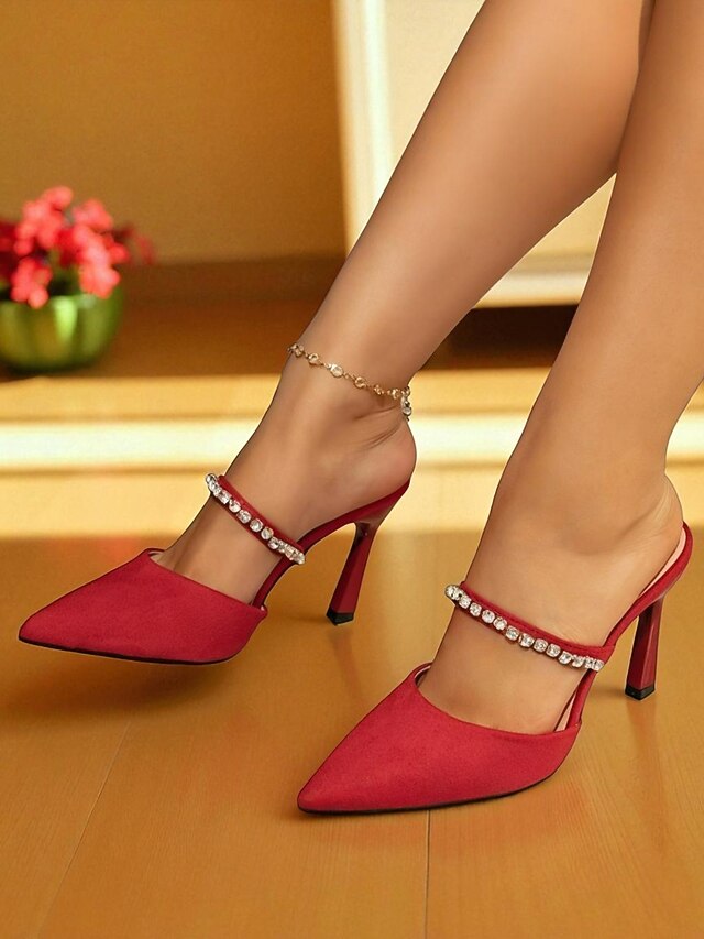 Strap Women's Red Heels Elegant Stiletto - with Rhinestone