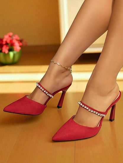 Strap Women's Red Heels Elegant Stiletto - with Rhinestone