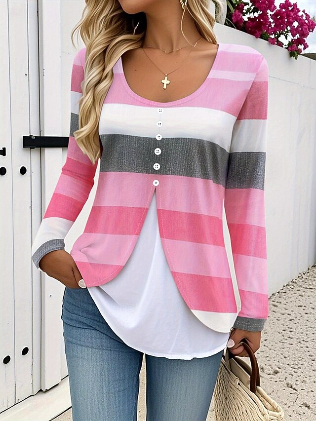 Women's T Shirt Buttons Print Tiered Graphic Striped