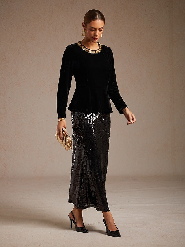 Women's Velvet Blouse Beaded Elegant Crew Neck Regular Tops
