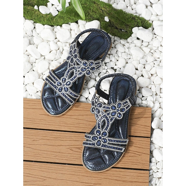 Boho Silver – Rhinestone Sandals Flat T-Strap Women's