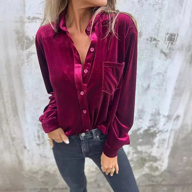 Women's Shirt Velvet Elegant Dressy Pocket Buttons Solid