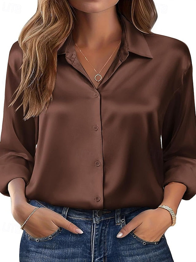 Women's Shirt Blouse Buttons Plain Elegant Stylish Long