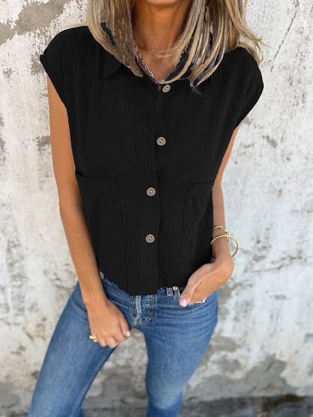 Women's Tank Top Sleeveless Shirt Pocket Buttons Plain