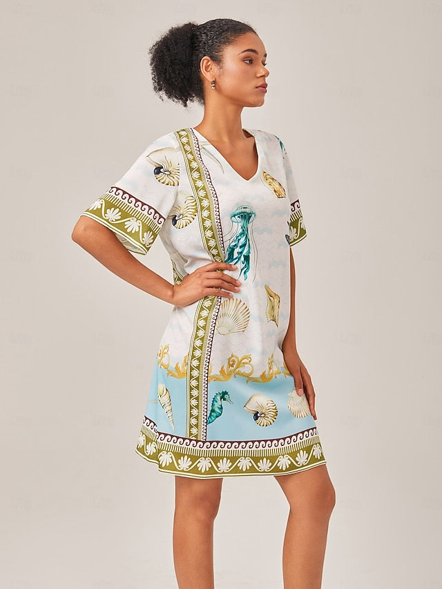 Resort-Style Ocean Print Straight-Cut Dress