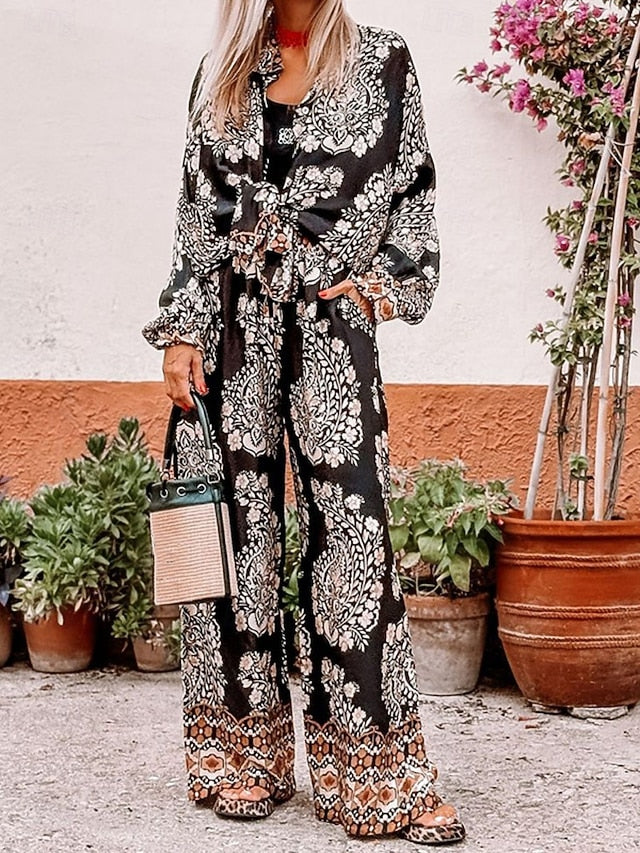 Women's Shirt Blouse Wide Leg Pants Long Sleeve Shirt