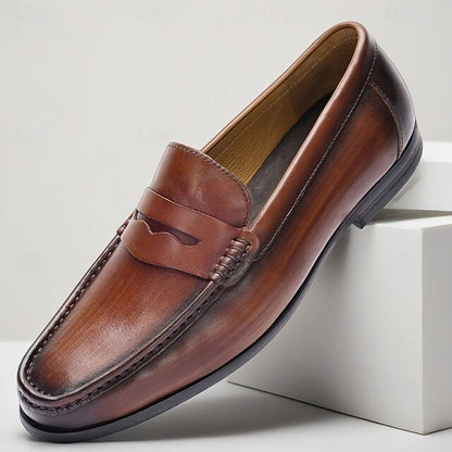 Leather Shoes Brown Penny Slip-On Loafers with Men's