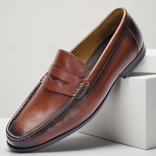 Leather Shoes Brown Penny Slip-On Loafers with Men's