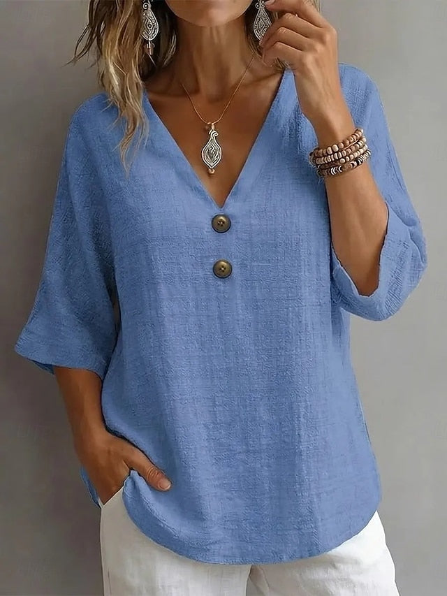 Women's Blouse Faux Linen Shirt Buttons Solid Color Daily