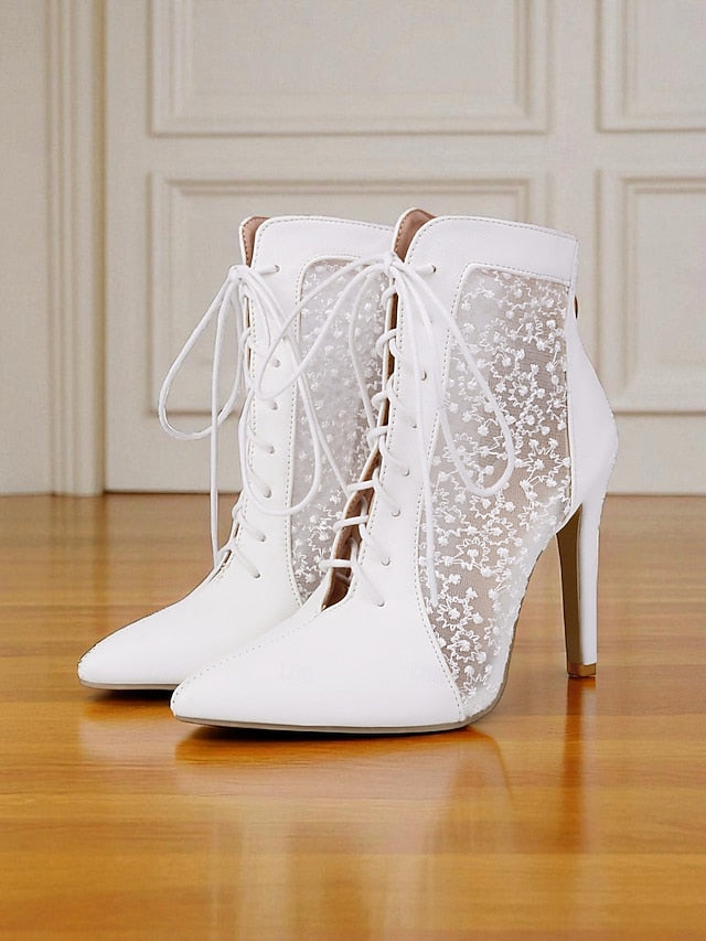 Women's Ankle White Booties Lace with Mesh Stiletto Heels